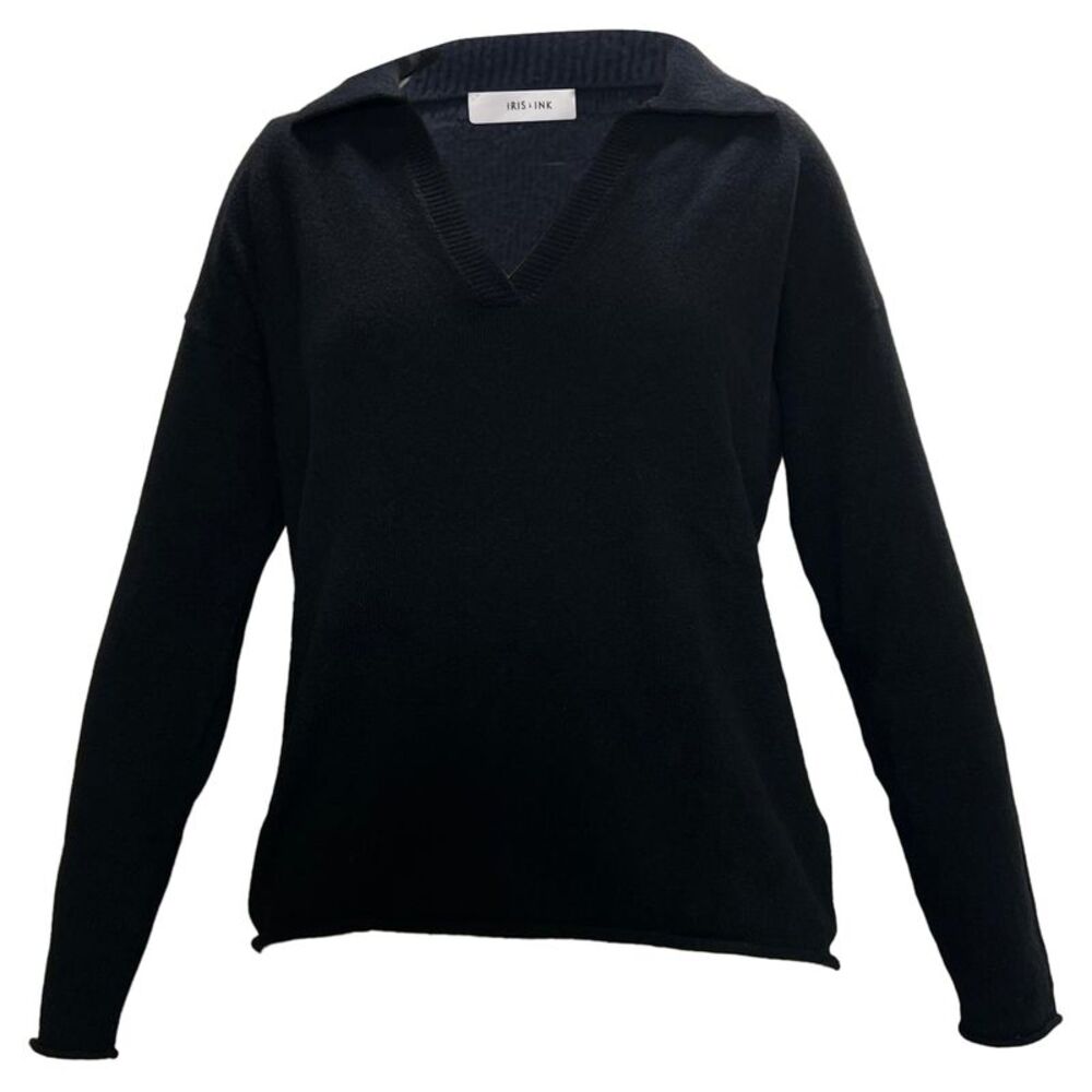Iris & Ink Collared V-Neck Sweater in Black Wool